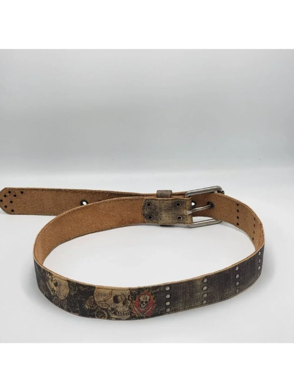 Vtg Y2K Ed Hardy Gothic Handmade Leather Belt with Skull Design & Stud Details S